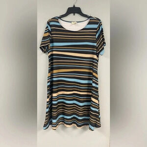 Yelete Stripped Short Sleeved Casual Midi Dress Pockets Crew Neck Flare Size XL